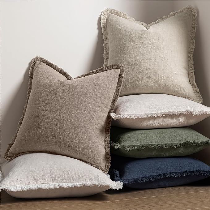 MIULEE Decorative Throw Pillow Covers Neutral Linen Fringe Throw Pillows Euro Shams Set of 2 Dune Boho Farmhouse Cushion Covers for Couch Sofa Bed Living Room Fall Home Decor 22x22 Inch