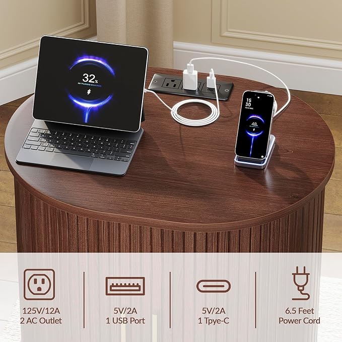 DHH Mid Century Modern Nightstand Set of 2 with Charging Station, Fluted Accent Side Table with Sliding Door & Adjustable Shelf, End Table for Small Space, Living Room, Bedroom,Sofa Couch(2, Walnut)