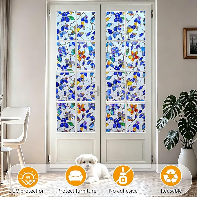 Countewol Privacy Window Film Upgraded 24H Day & Night Privacy Heat Insulation Static Cling Decorative Glass Film（Upgraded UV Purple, 17.5 X 78.7 in