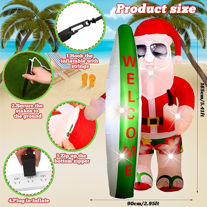 VIHOSE 5.4 Ft Christmas Inflatable Decorations Hawaiian Tropical Santa Claus on Beach Blow Up Yard Decor Build in Led Lights for Indoor Outdoor Garden Lawn Holiday Party