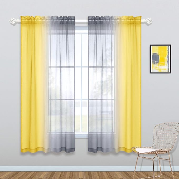 KOUFALL Yellow Sheer Curtains 63 Inch Length for Bedroom 2 Panel Sets Rod Pocket Ombre Sunflower Themed Yellow and Gray Curtains for Girls Room Dining Area 50x63 Inches Long Bright Yellow and Grey