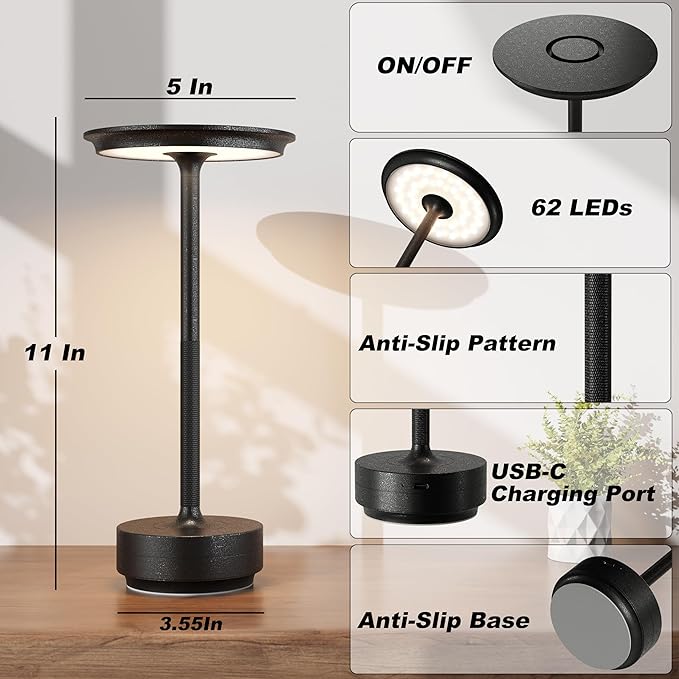 TBBGA 2 Pack Rechargeable Table Lamps Cordless, Portable 5000mAh Outdoor Table Light, 3 Color Stepless Dimming LED Table Lamp with Memory Function, for Home/Dinner/Patio/Restaurant.(Diamond Black)