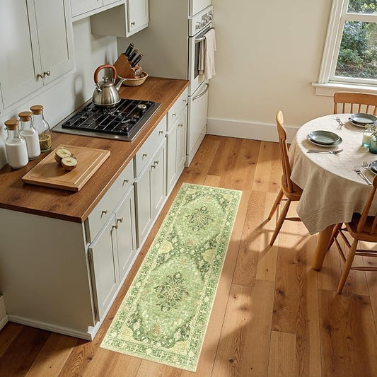 RELEANY Area Rugs Runner 2'x5' Washable Non-Slip, Floral Vintage Distress Medallion Carpet for Kitchen Hallway Bedroom Beside Laundry Room Bathroom, Sage Green Yellow