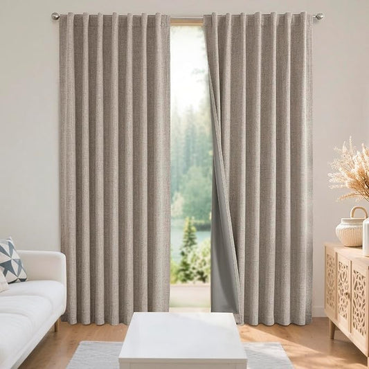 Joydeco Blackout Curtains for Bedroom - 100% Light Blocking 2 Panels Set Linen Drapes 66" W x 90" L, Thermal Insulated Room Darkening Curtains, Linen Textured for Living Room, Rod Pocket & Back Tabs