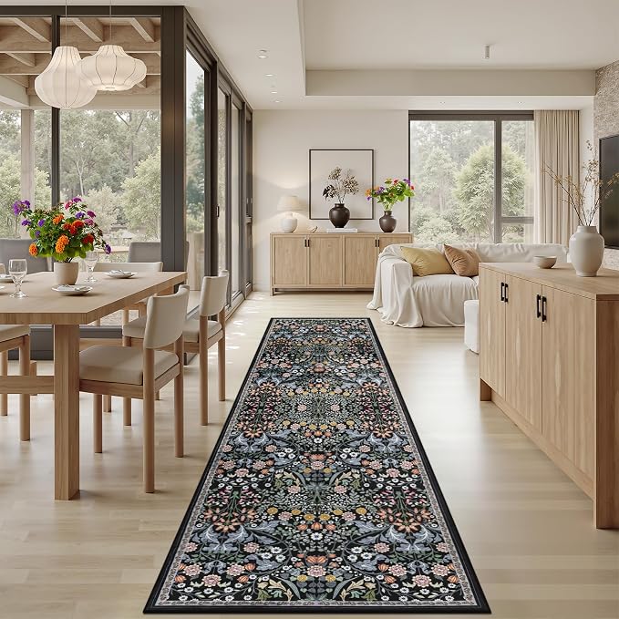 Runner Rug for Entryway: 3x10 Kitchen Rugs Non Slip Washable Ultra-Thin Soft Floral Carpet Indoor Floor Stain Resistant Carpets for Hallway Bedroom Kitchen Laundry Bathroom Dorm Dark Black