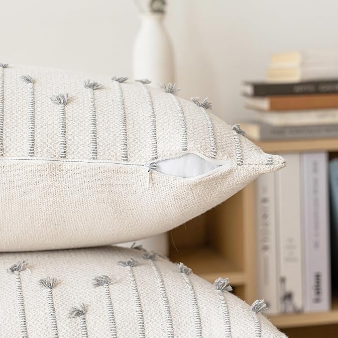LILEPOY Boho Throw Pillow Covers 20x20 Set of 2 Neutral Decorative Textured Cushion Case Farmhouse Pillowcase Modern Square Pillow Covers for Sofa,Couch, Living Room,Beige and Grey