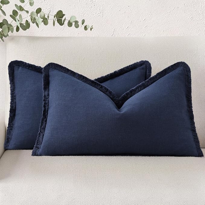 decorUhome Linen Fringe Lumbar Throw Pillow Covers Set of 2 Decorative Navy Blue Pillow Covers with Tassels Soft Accent Boho Farmhouse Pillow Cases for Couch Bed Sofa 12x20 Inch