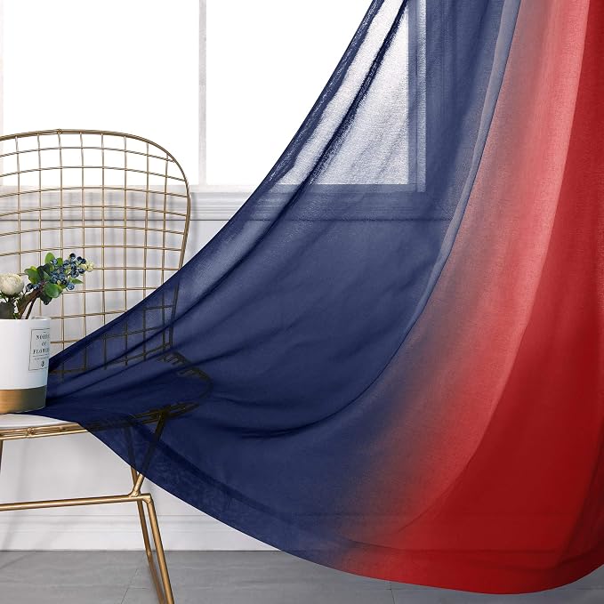 KOUFALL Navy and Red Curtains for Boys Room Decor 2 Panel Sets Rod Pocket Ombre Sheer Patriotic Navy Blue Curtains for Kids Bedroom Decorations Teen Canopy Bed 50 x 84 Inch Length