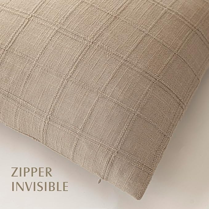 Foindtower Set of 2 Decorative Linen Check Throw Pillow Covers Neutral Farmhouse Vintage Cushion Covers Modern Coastal Boho Home Decor for Sofa Chair Couch Bedroom Living Room,24×24 Inch,Camel
