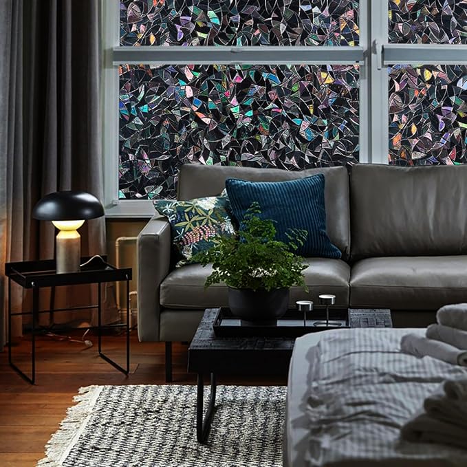 Finnez Blackout Window Privacy Film Rainbow Decorative Window Film, 3D Static Stained Glass Cling Tint for Room Darkening Day Sleep Non-Adhesive, 17.5 x 78.7 inches