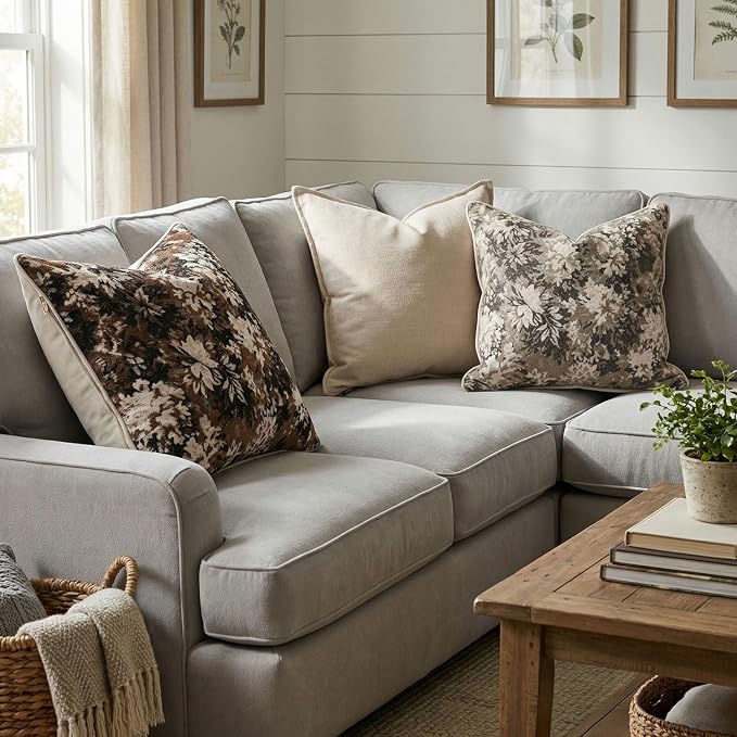 Vintage Floral Throw Pillow Covers 18x18 Inches Set of 2 Boho Farmhouse Pillow Cases Premium Chenille Textured Decorative Cushion Covers for Couch Retro Garden Farmhouse Style Coffee