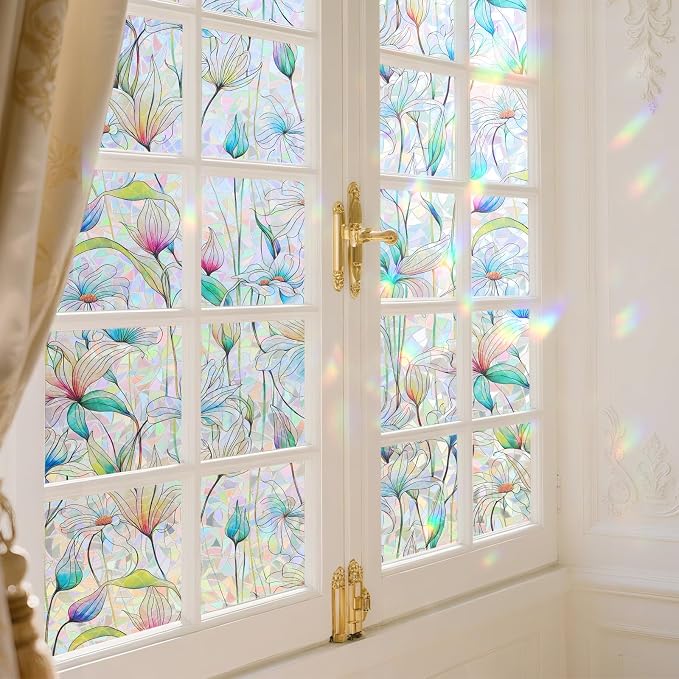 Donox Decorative Window Privacy Film, 3D Floral Stained Glass Window Film Static Cling Rainbow Privacy Sticker for Glass Door Heat Control Anti UV, No Adhesive (Magnolia,35.4 x 157.4 inches)