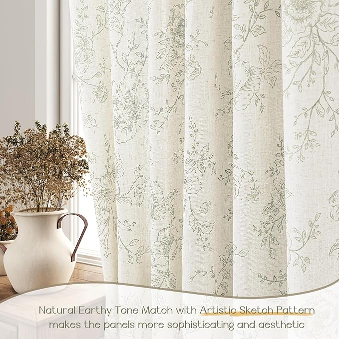 Green Floral Curtains 90 inch Length Back Tab Farmhouser Living Room Light Filtering Curtains Green Pattern Print on Cream White Linen Curtain Minimalist Aesthetic Sketch Style Vintage Room Decor