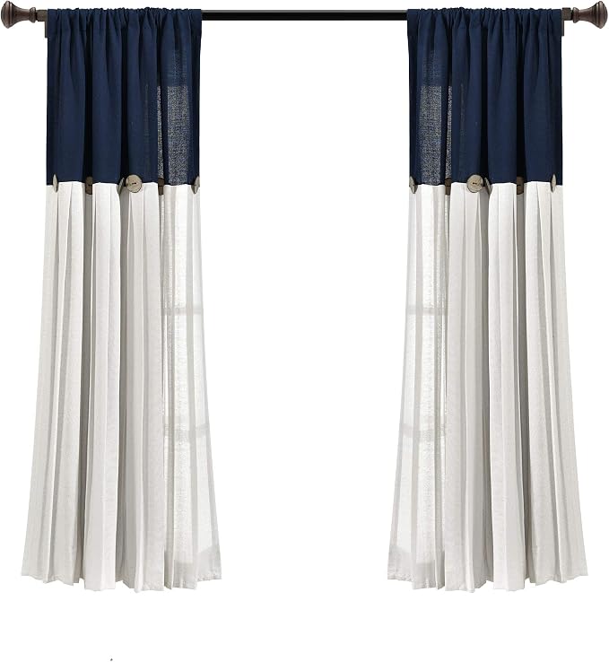 Lush Decor Linen Button Window Curtain Panel, Single, 40" W x 63" L, Navy & Off-white - Country Curtains - Rustic Decor - Color Block Modern Farmhouse Curtains For Living Room, Bedroom & Dining Room