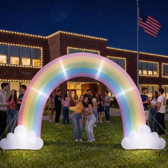 Jenaai 8ft Pastel Inflatable Rainbow Arch Blow up Yard Decorations with Built-in LED for Outdoor Baby Shower Wedding Birthday Pride Party Holiday, Giant Rainbow Archway Decor for Garden Lawn