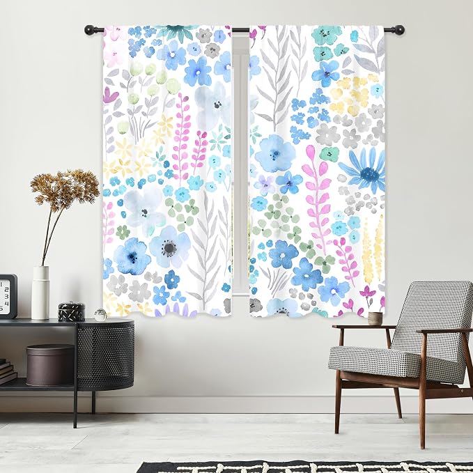 Riyidecor Blue Grey Floral Curtains Cute Boho Wildflower Trendy Watercolor Plant Leaves Botanical Rod Pocket Modern Elegant Aesthetic Kids Bedroom Living Room Treatment Fabric 2 Panels 42Wx63H Inch