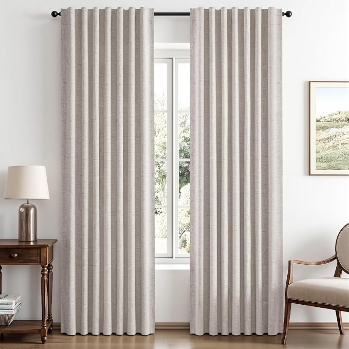 MIULEE 100% Blackout Linen Curtains for Bedroom, Ivory Solid Luxury Decor Thermal Insulation Room Darkening Drapes for Living Room Back Tab Rod Pocket 52 x 90 Inches, 2 Panels