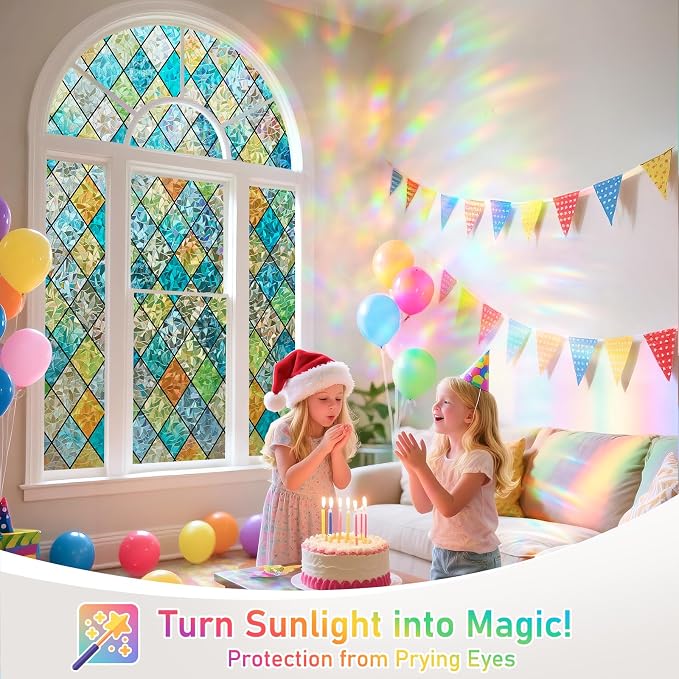 Sunbaby Window Privacy Film Stained Glass Decorative Rainbow Window Cling 3D Static Clings Colorful for Home Decoration, Anti-UV & Heat Control Non-Adhesive (29.5"x78.7")