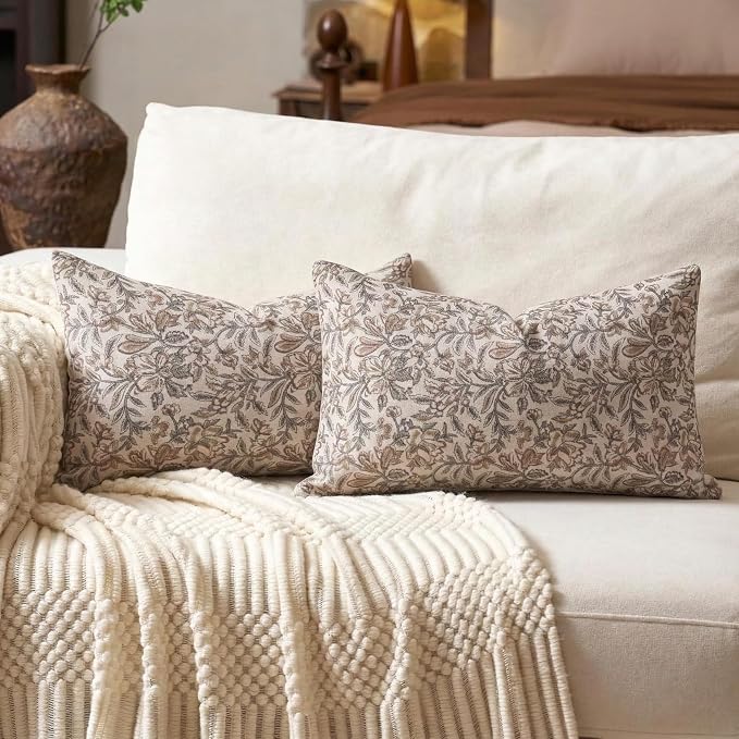 Amor Virisso Floral Throw Pillow Covers 12 x 20 Set of 2 Vintage Block Print Pillow Covers Decorative Pillow Covers Couch Pillows for Living Room Farmhouse Accent Sofa Pillows, Green/Sand
