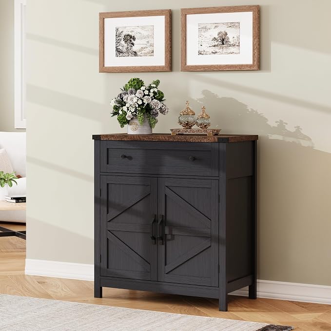 ChooChoo Kitchen Storage Cabinet, Coffee Bar Cabinet, Farmhouse Buffet Sideboard with Drawer for Kitchen, Living Room, Black