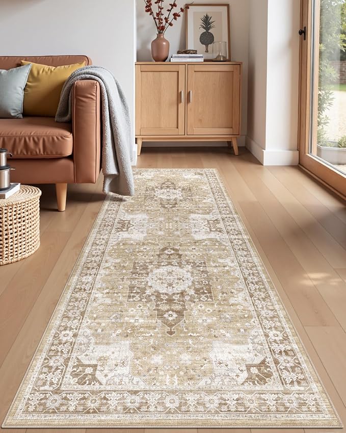 DEXI Hallway Washable Runner Rug 3x12, Vintage Soft Thin Kitchen Runner with Non Slip Backing, Farmhouse Entryway Floor Rug, Stain Resistant Distressed Carpet for Bedroom Living Room, Beige