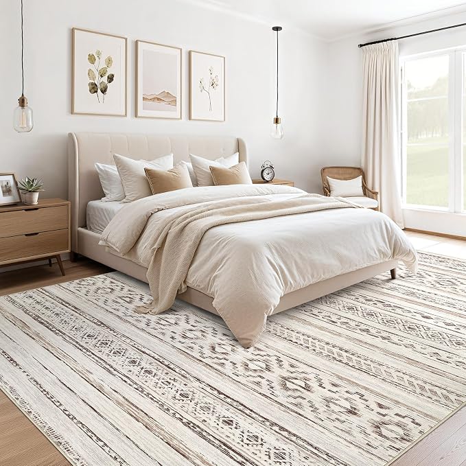 cotiled 5x7 Area Rugs Living Room Rug: Washable Boho Rugs with Non Slip Backing Large Soft Indoor Stain Resistant Carpet for Bedroom Farmhouse Dining Room Lightweight Home Decor Cream Brown