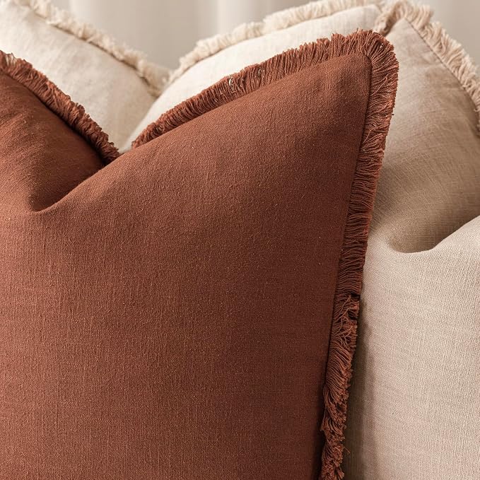 Foindtower Set of 2 Decorative Linen Fringe Throw Pillow Covers Boho Farmhouse Cushion Cover with Tassels Soft Accent Pillowcase for Couch Sofa Bed Living Room Home Decor, 26×26 Inch, Fall Rust Orange