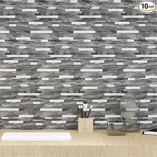 KASARO Peel and Stick Marble Backsplash Tile, 10 Sheets, Black Marble with Silver Embellished Stripes, Self-Adhesive Wall Tile for Kitchen, Bathroom, Fireplace, RV (11.4” x 10.6”)