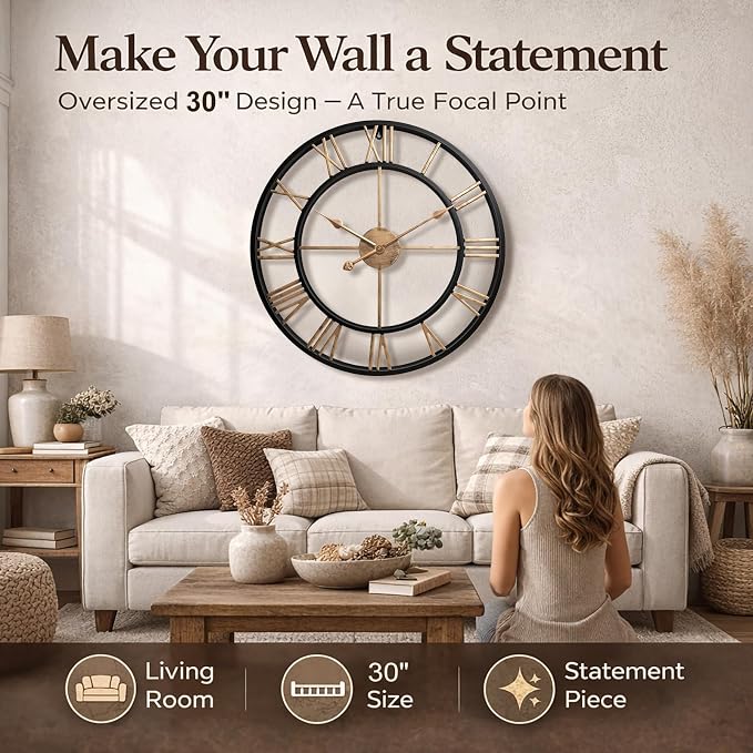 Pytha Sight 30 Inch Extra Large Giant Wall Clock,Oversized Round Silent Industrial Black Metal Farmhouse Big Vintage Gold Roman Numeral Wall Clocks for Living Room,Kitchen,Bedroom Home Decor