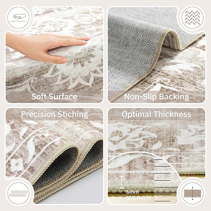 Soalmost 8x10 Area Rugs for Living Room, Washable Neutral Rug Light Brown | Vintage Floral Stain Resistant Non-Slip Low Pile Large Carpet for Dining Room Bedroom Home Office Nursery Grey, 8'x10'