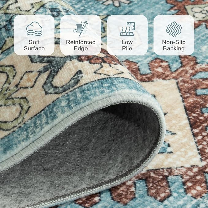 Lofus Vintage Living Room Rugs 5x7, Soft Machine Washable Area Rug for Bedroom Indoor Floor Home Office House Decor, Oriental Traditional Distressed Farmhouse Carpet, Boho Terracotta and Blue