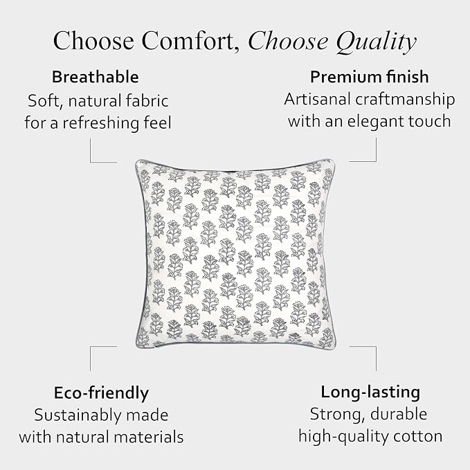 CPC 100% Cotton Throw Pillow Covers 20x20 Inch, Set of 2 Block Print Pattern Couch Pillow with Hidden Zipper, in Collabaration with Southern Source- Misty Grey Floral