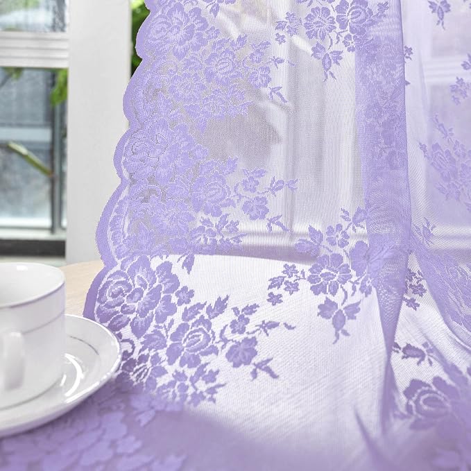 Light Purple Sheer Curtains 45 Inch Length, 2 Panels, W42 x L45 Inch Each, Country Rustic Floral Vintage Lace Curtains for Closet Bathroom Window, Rod Pocket Privacy Light Fitlering Lace Tier Curtain