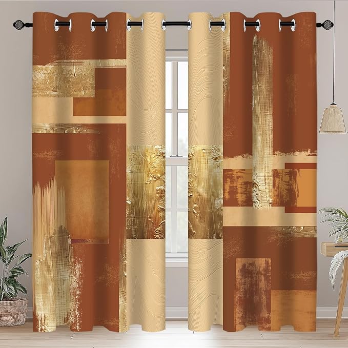 Boho Brown Gold Abstract Blackout Curtains, Modern Oil Aesthetic Neutral Contemporary Beige Darkening Thermal Insulated Grommet Light Blocking Drape Decor, 52 x 84 Inch Long 2 Panels