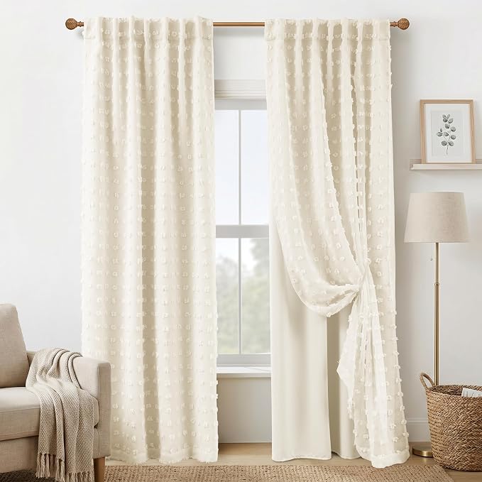 Lino Rosa 50x84 Inches Long Back Tab Pom Pom Cream Curtains for Girls Room Bedroom Nursery Blackout Curtains Double Layer