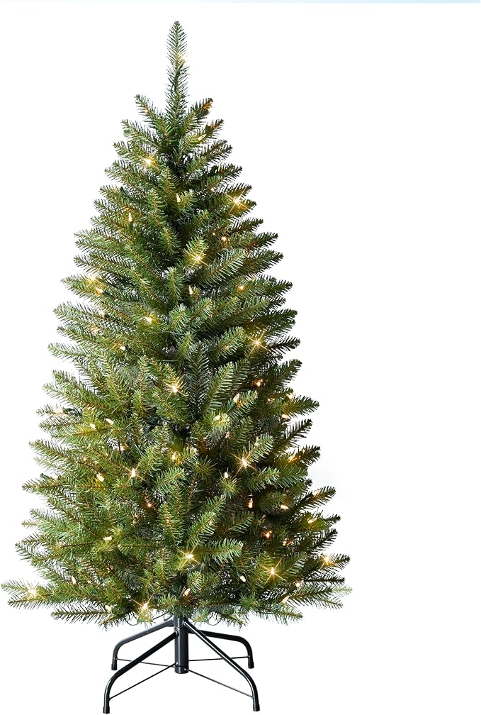 Puleo International 4.5ft Pre-Lit Fraser Fir Pencil Christmas Tree with 150 Clear Lights, 401 Realistic Dense Branch Tips, Easy Setup Artificial Trees with Sturdy Metal Stand