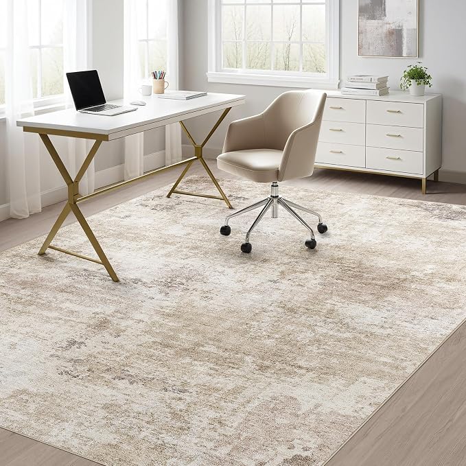 Abstract 10x12 Area Rug: Machine Washable Non Slip Ultra Thin Low-Pile Carpet, Soft Stain Resistant for Living Dining Room Bedroom, Kid Pet Friendly, Robot Vacuum Compatible - Brown