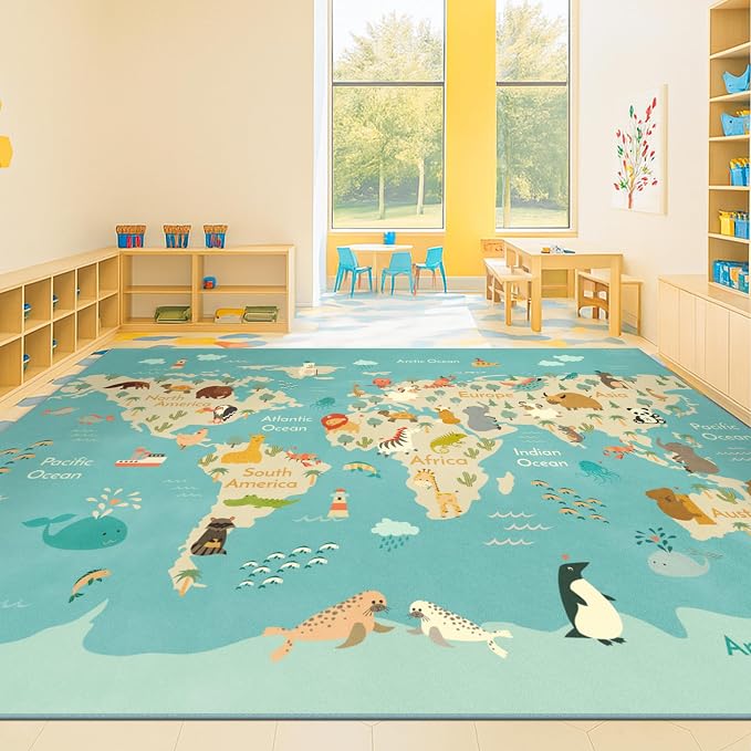 Hazo Haus Washable Large Kids Room Rug with Animal – 6x9 Educational World Map Area Rug for Bedroom – Non-Slip, Stain Resistant, Soft & Safe, Playroom Essentials - Blue Ocean