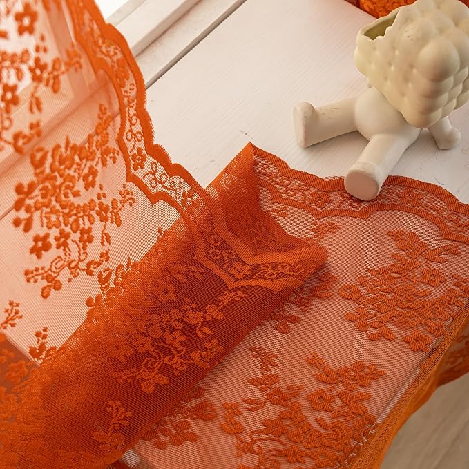 YJ YANJUN Vintage Lace Curtains 63 Inch Length Burnt Orange Sheer Curtains for Living Room Bedroom 2 Panels Rod Pocket Farmhouse Terracotta Drapes for Kitchen Nursery Halloween Fall Decor 52x63 Inch