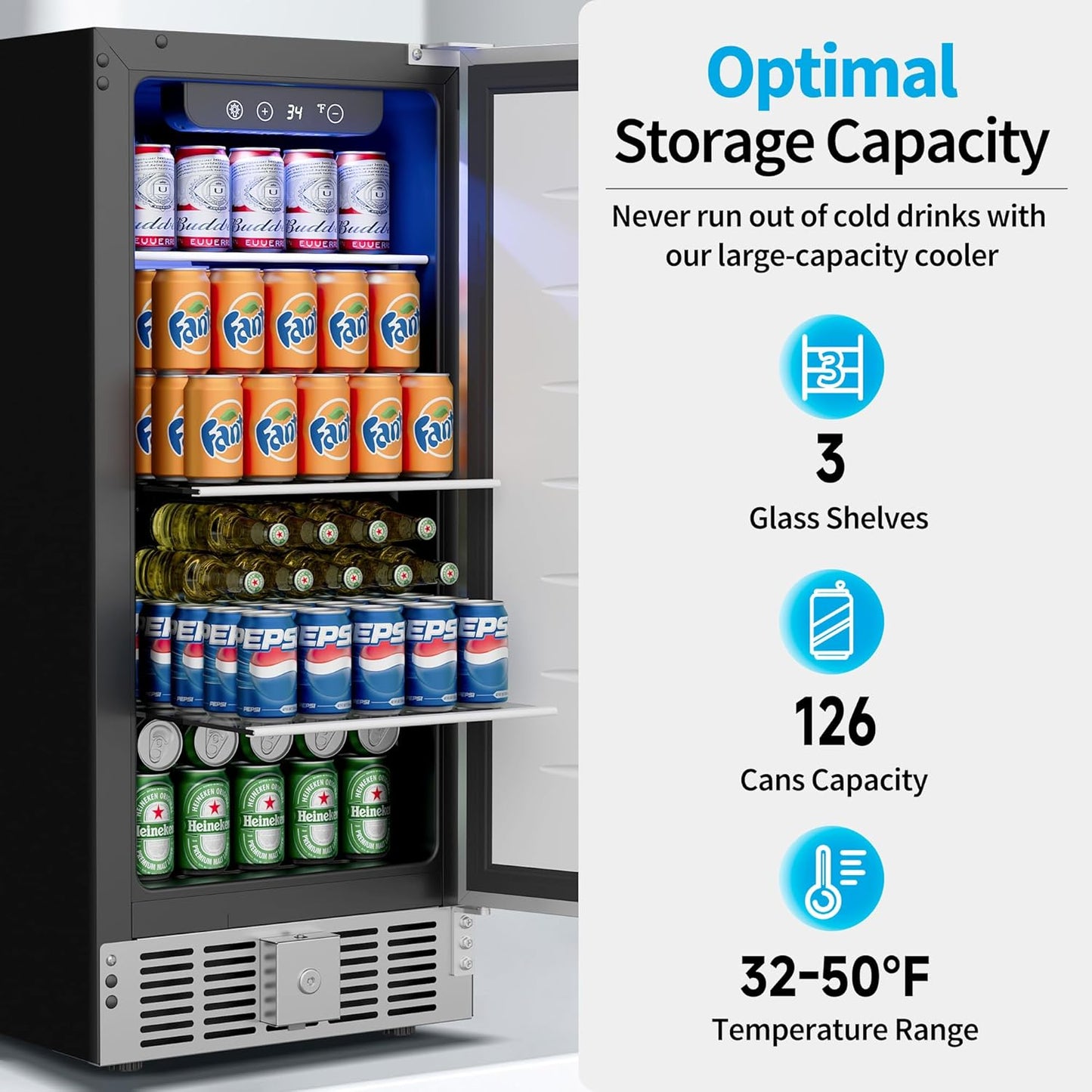 15 Inch Undercounter Beverage Refrigerator - 126 Cans Beverage Fridge with Stainless Steel Door for Beer Wine Soda - Built-in or Freestanding Wine Cooler for Home Kitchen Bar