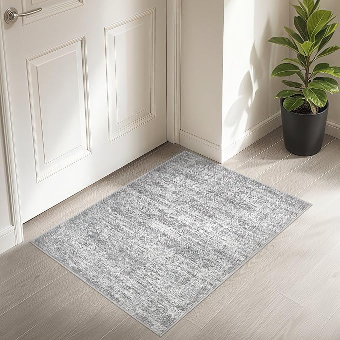 DMOYEST 2x3 Entryway Area Rug: Washable Neutral Modern Abstract Small Rug - Non-Slip Low Pile Throw Indoor Carpet for Entrance Kitchen Front Door Mat Bathroom Entry Kids Room - Vintage Grey