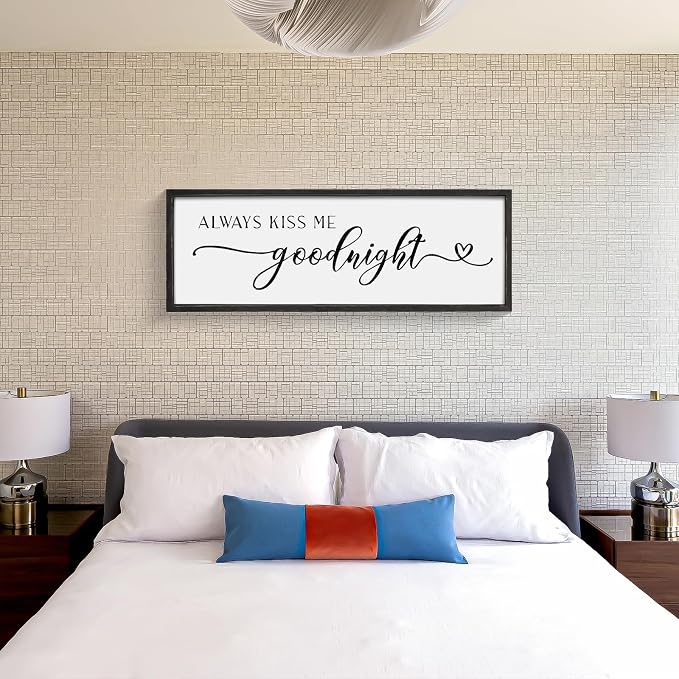 Always Kiss Me Goodnight Wall Sign 42''×15'' Large Above Bed Wall Decor Bedroom Sign Bedroom Decor with Solid Wood Framed, Couples Love Theme Wall Decor (Black)
