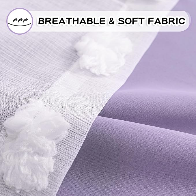 MYSKY HOME Light Blocking Lilac Curtains for Living Room White Sheer Pom Pom Kids Room Decor Drapes 102 Inches Long Double Layer Curtain for Sliding Door Grommet Window Panels Set of 2 52" x 102"