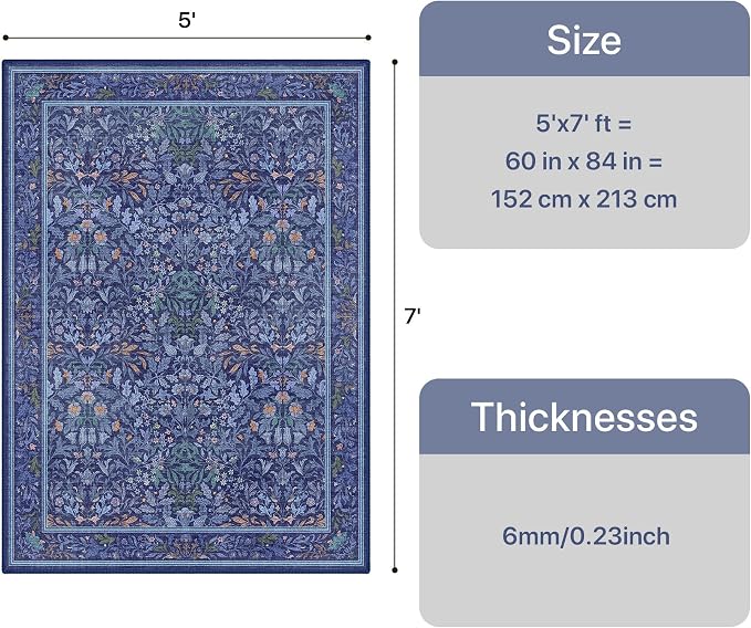 GENIMO 5x7 Washable Area Rugs for Living Room, Non Slip, Blue | Vintage Boho Floral Low Pile Thin Carpet for Bedroom, Dining Room, Nursery, Indoor Decor