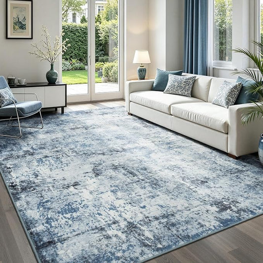 Rugflix 5x7 Area Rugs for Living Room, Washable Large Rug Stain-Resistant Low Pile, Modern Dark Carpet for Dining Room Home Office Kid Room Nursery Bedroom, Blue Grey/Black
