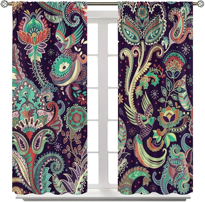Boho Curtains, Traditional Geometric Ethnic Style Beautiful Floral Pattern, Blackout Curtains Living Room Bedroom Dim Room, 2 Panel Set, 52x84 in.