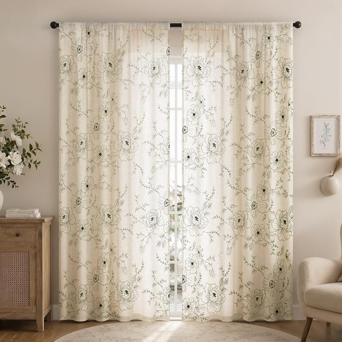 Boho Floral Curtains, Vintage Farmhouse Curtains 84 Inches Long, Green Cottage Core Flower 2 Panels