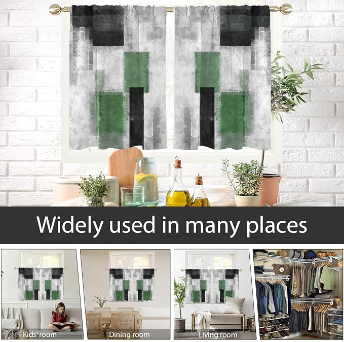 AAtter Green and Black Window Curtains for Kitchen Grey Sliver Abstract Geometric Square Small Short Home Living Room Bedroom Bathroom Drapes Treatment Tiers Fabric 1 Pair, 27.5" W x 39" L, Modern