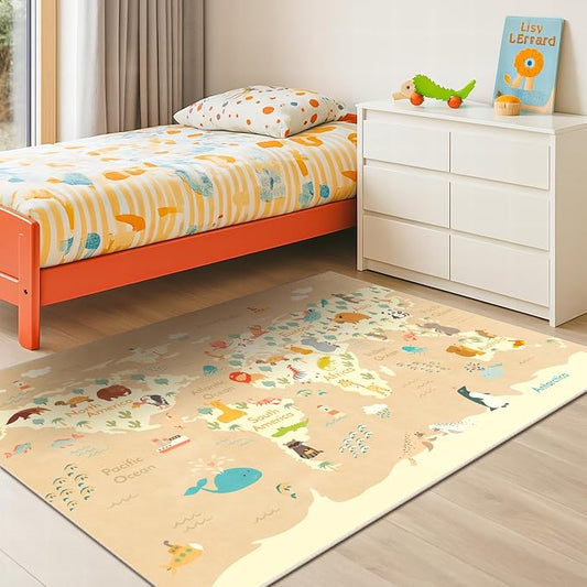 Kids Bedroom Rug with World Map & Animals – 4x6 Educational Washable Area Rug for Playroom, Cute Global Animal, Featuring Continents & Native Wildlife Carpet for Dorm or Classroom - Soft Beige