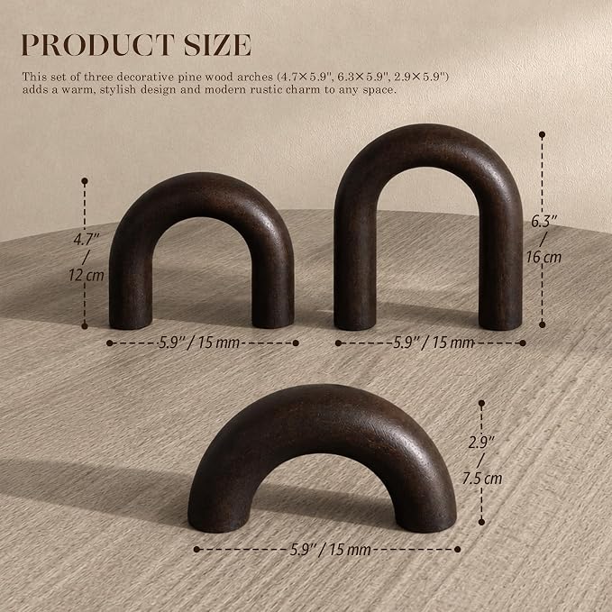 EOSAHR Acacia Wooden Arch Decor Set for Home Decor - 3-Piece Decorative Arch for Coffee Tables, Side Tables & TV Consoles - Decorative Objects & Shelf Decorations for House Aesthetic (Dark Acacia)